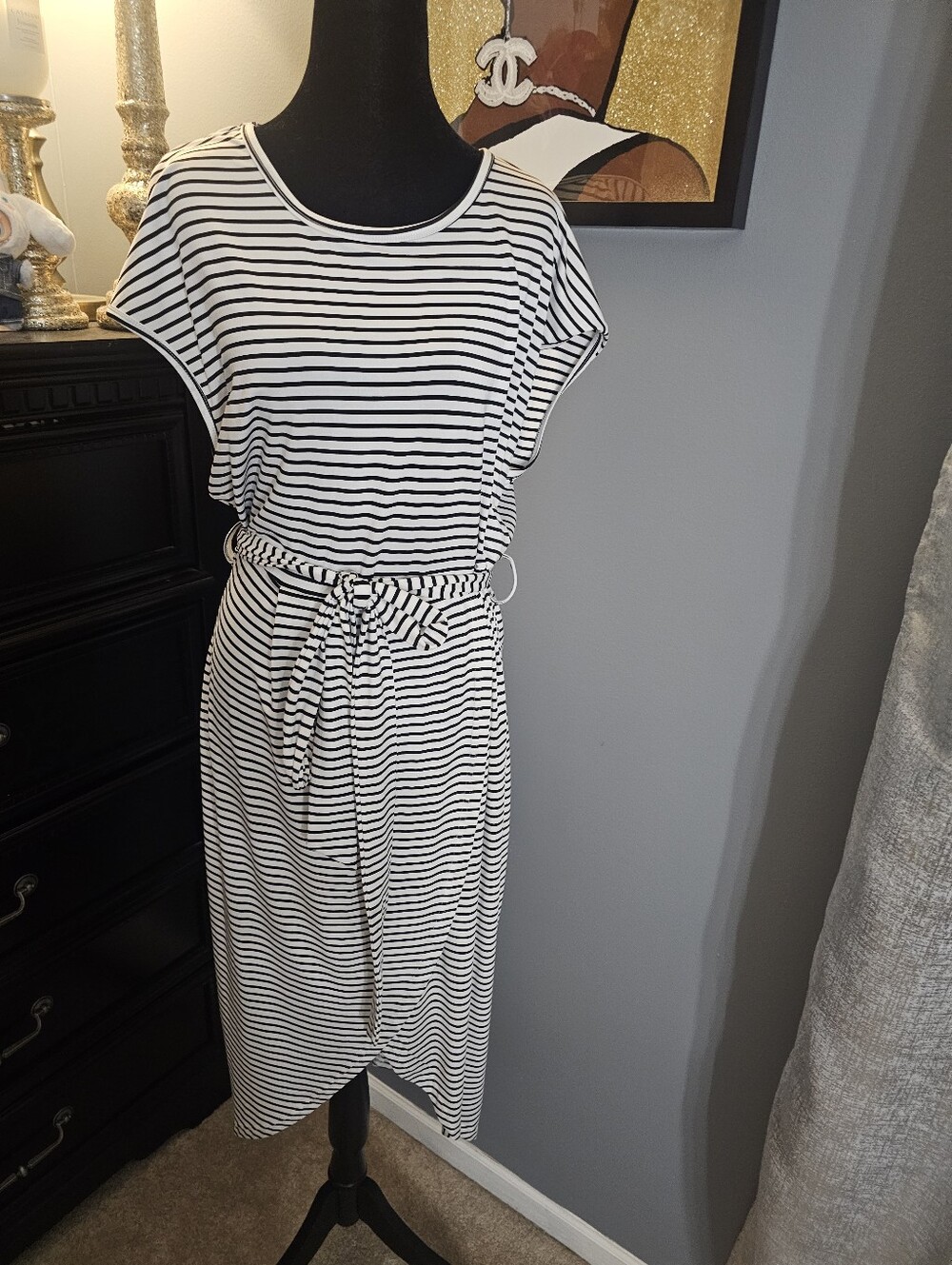 SHEIN Black and White Striped Midi Dress with Tie Belt